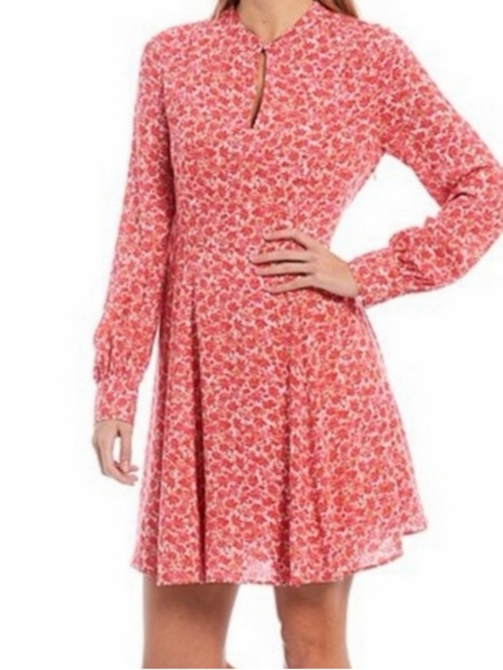 Floral Keyhole Long-Sleeve Dress in Coral Pink